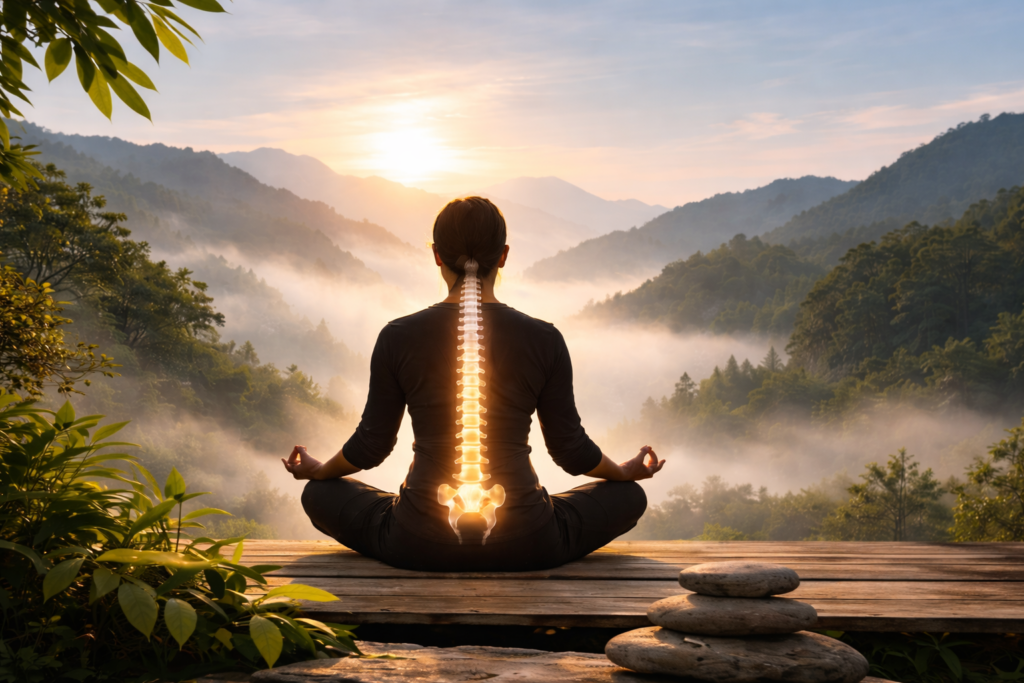 Person meditating outdoors at sunrise with the spine highlighted