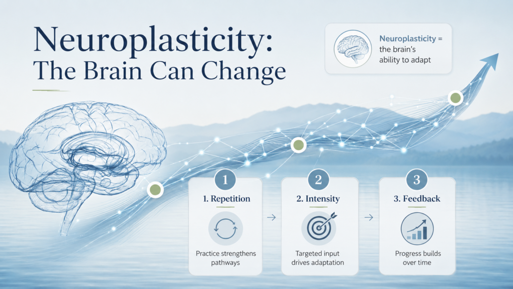Infographic: neuroplasticity, the brain can change through repetition, intensity and feedback